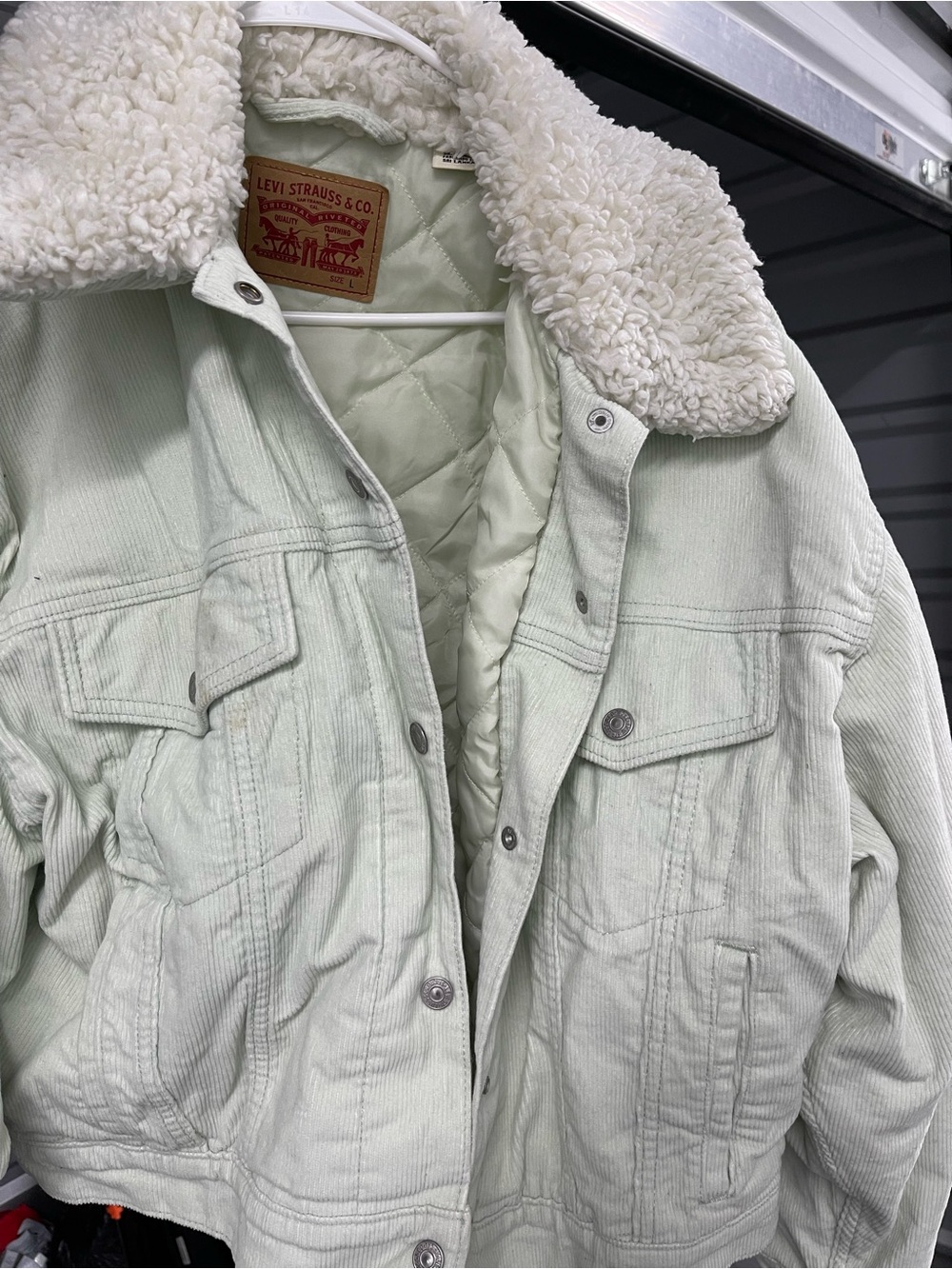 Used Levi's Women's light lime blue short waist Corduroy Sherpa-Lined Jacke